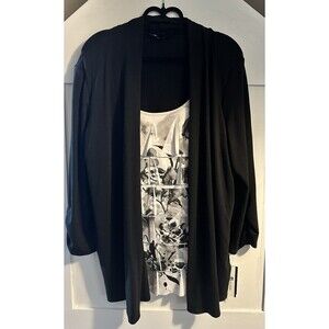 AB Studio 2 In 1 Cardigan Scoop Neck Blouse 3/4 Sleeve Black White Pullover XL